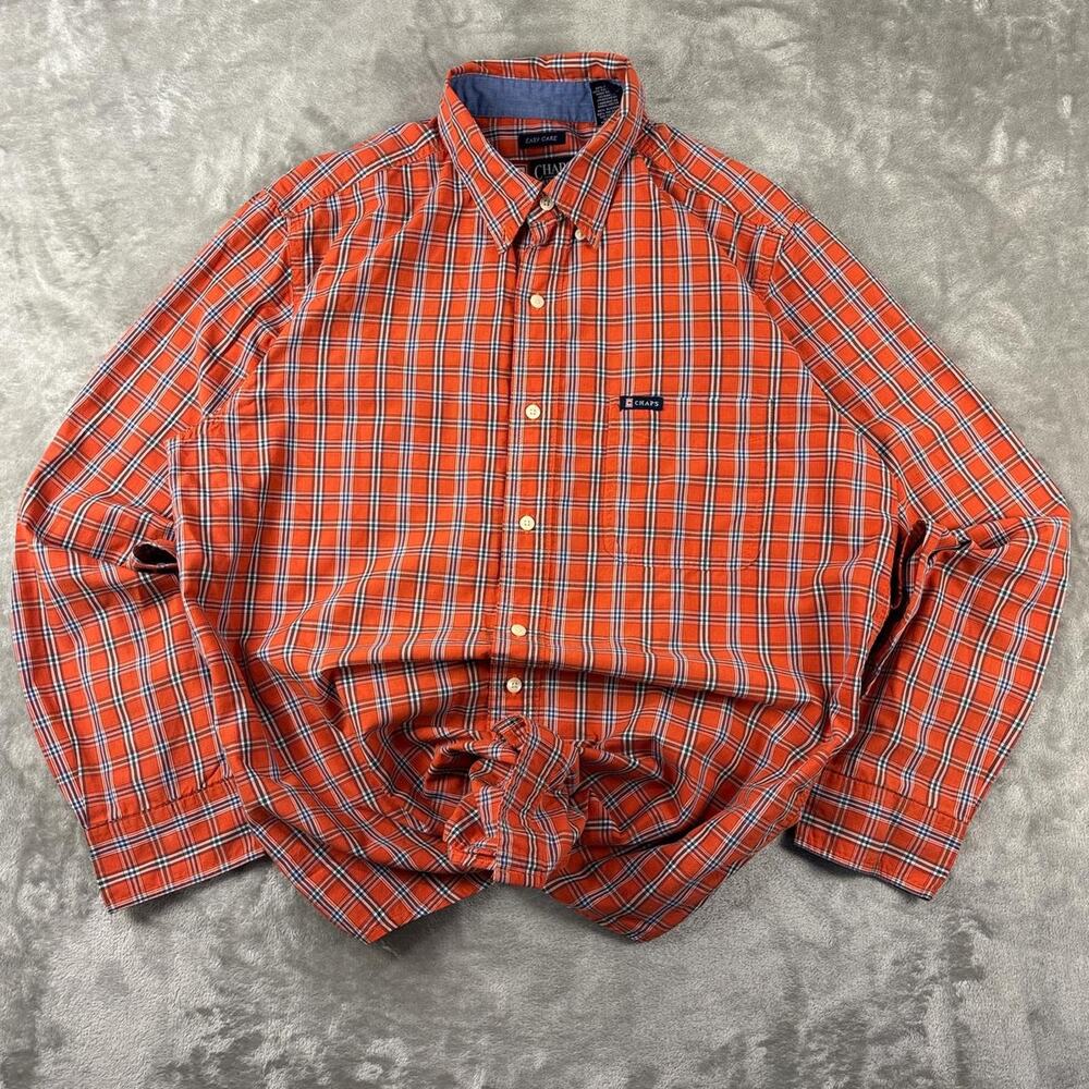 Chaps Button Down Men's Shirt Long Sleeve Red Plaid Easy Care Outdoor Size Large